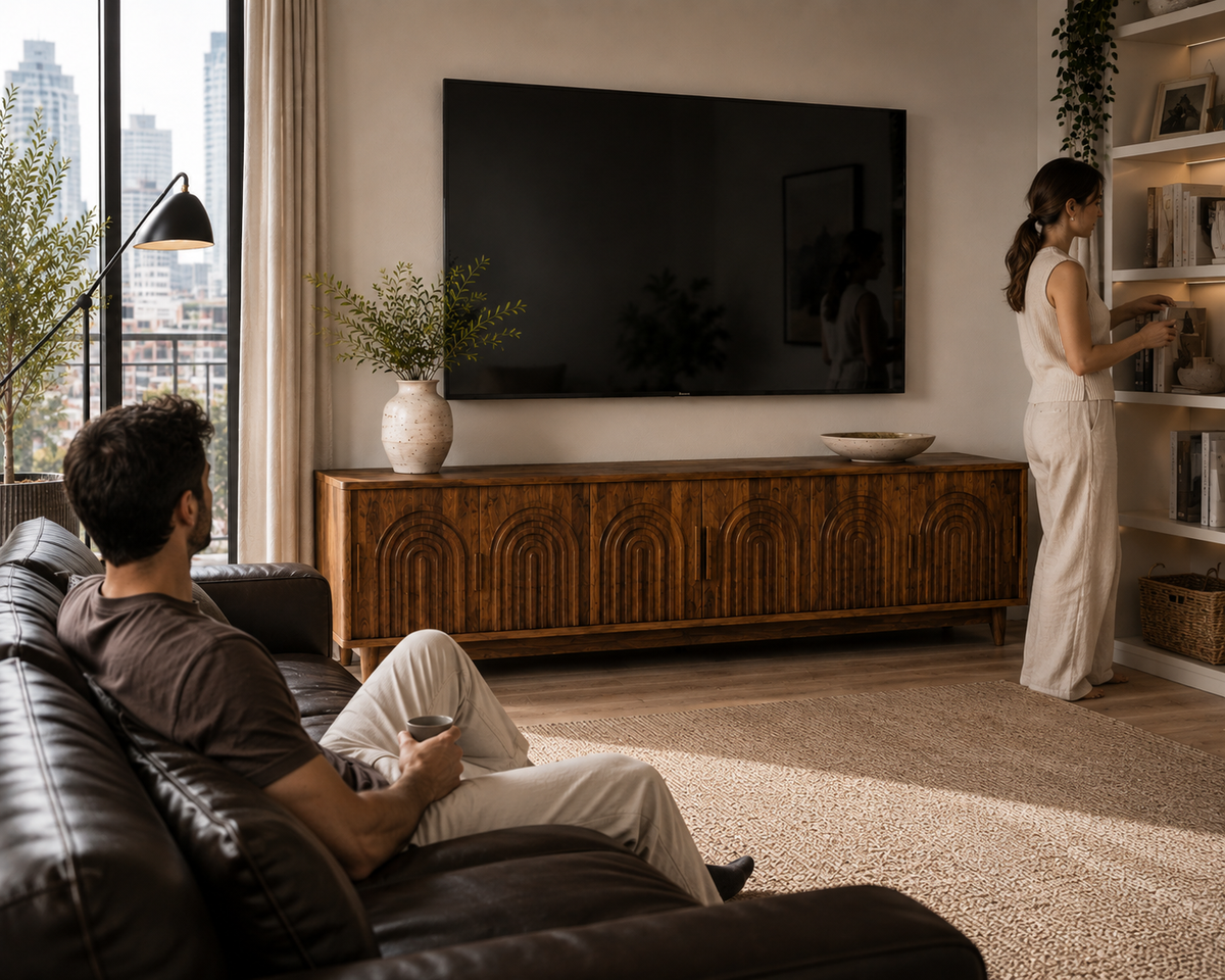 A man sits on a dark leather sofa watching a large wall-mounted TV, while a woman in a white outfit stands by a bookshelf in a modern living room with a wooden credenza and city view.