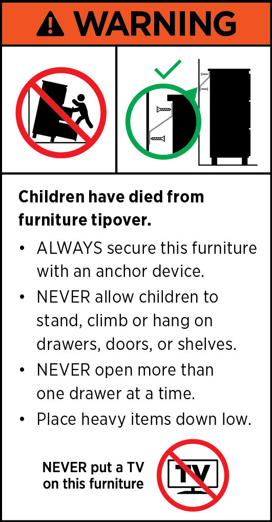 Safety warning label for furniture with text and icons about child safety.