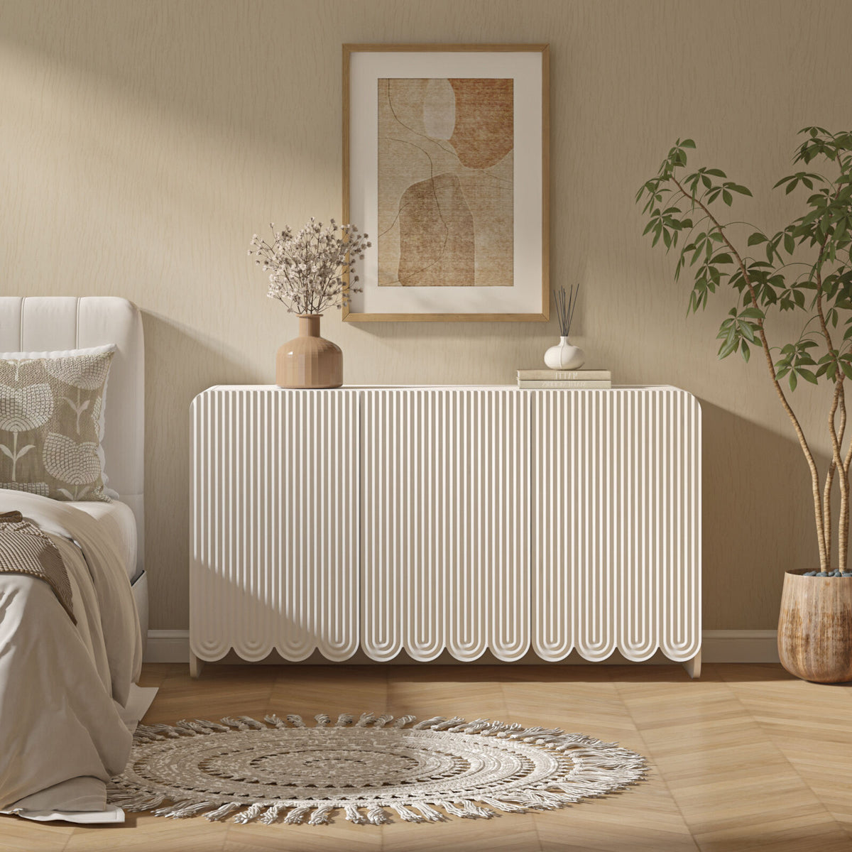 Modern radiator in a bedroom with decorative elements