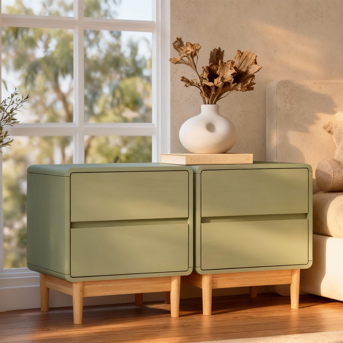 Green sideboard with wooden legs in a room with a window and decorative vase.