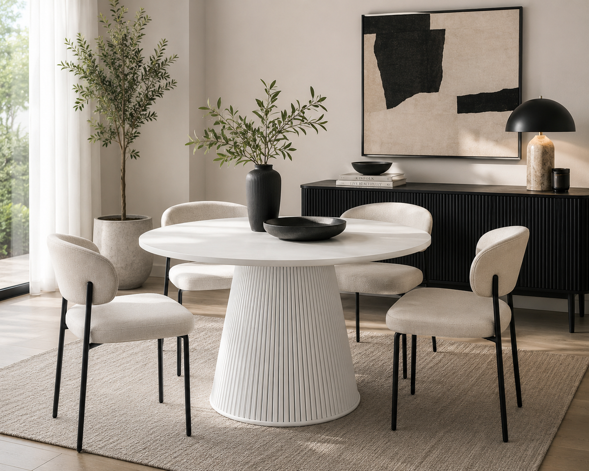 Eden Fluted Round Dining Table White – Elegant Dining for 4