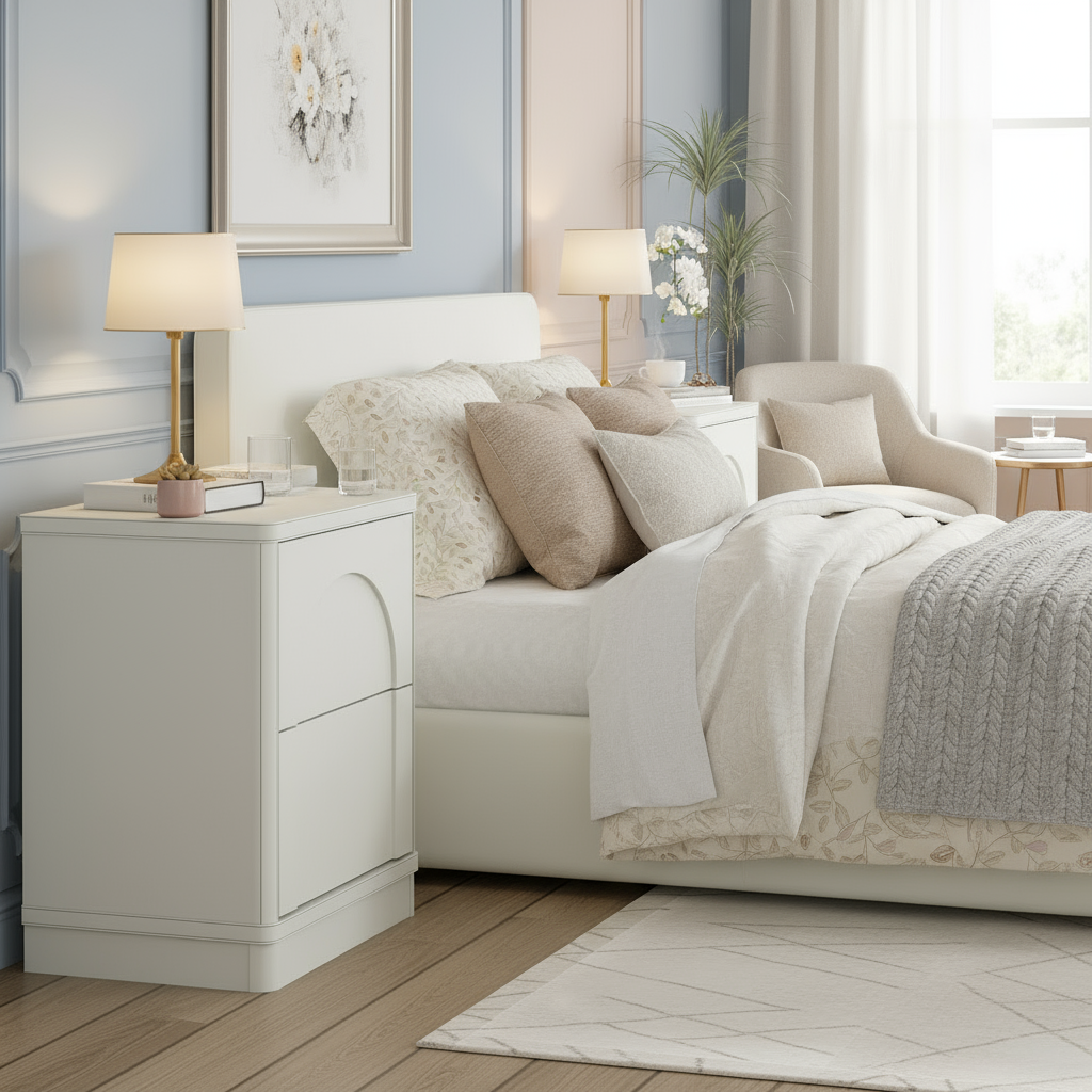 Two-drawer nightstand beside bed