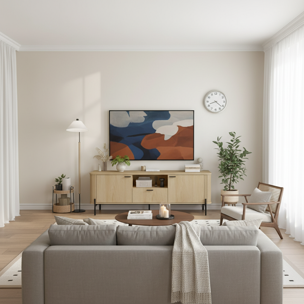 Ayla fluted TV entertainment unit styled in a bright Australian apartment living room