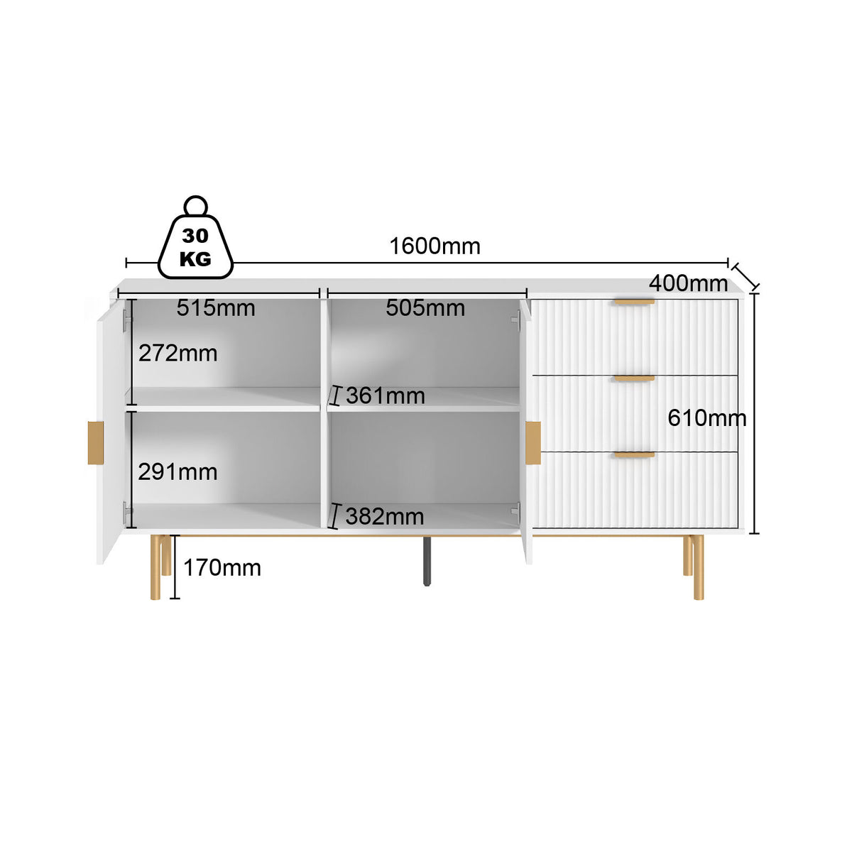 Sylvia Fluted Buffet Sideboard- White Storage Cabinet with Gold Accents