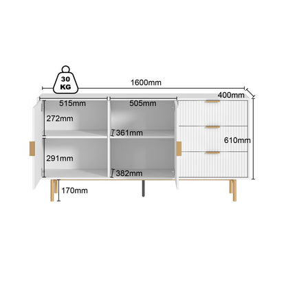 SIENA Fluted Buffet Sideboard- White Storage Cabinet with Gold Accents