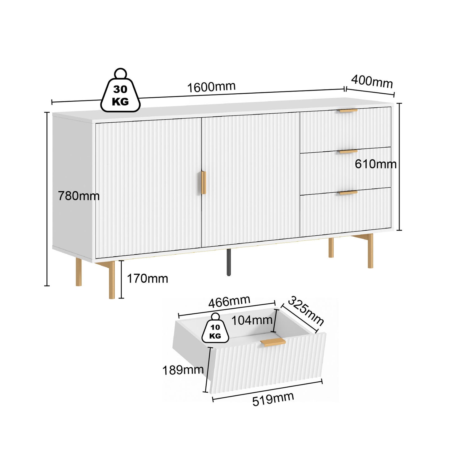 SIENA Fluted Buffet Sideboard- White Storage Cabinet with Gold Accents