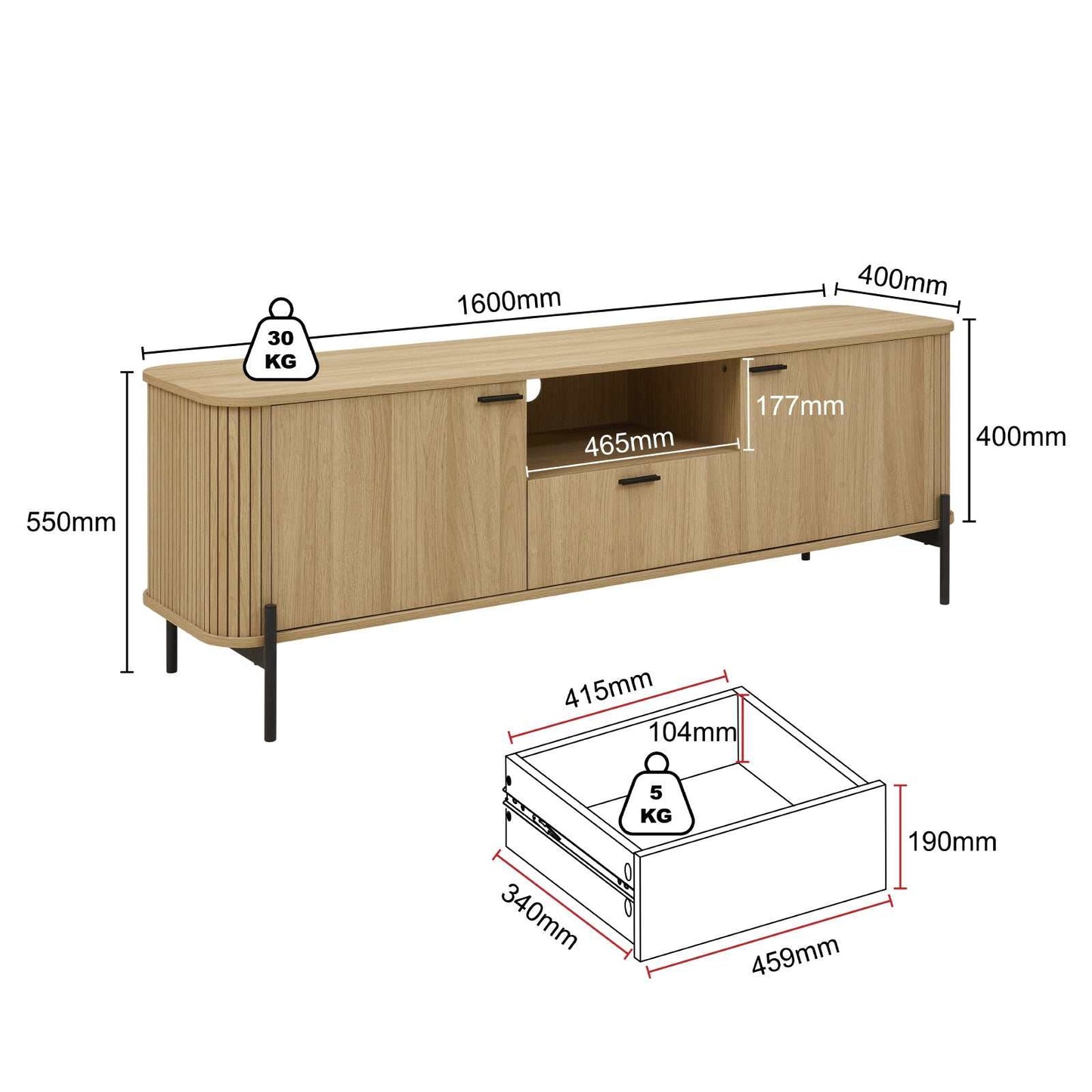 Ayla Fluted 160cm TV Entertainment Unit – Elegant Natural Oak TV Cabinet for Bedroom & Living Room