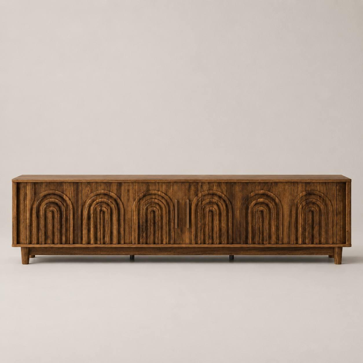 A mid-century modern wooden sideboard with a dark brown arched grain pattern on the front, shown against a neutral light gray background.