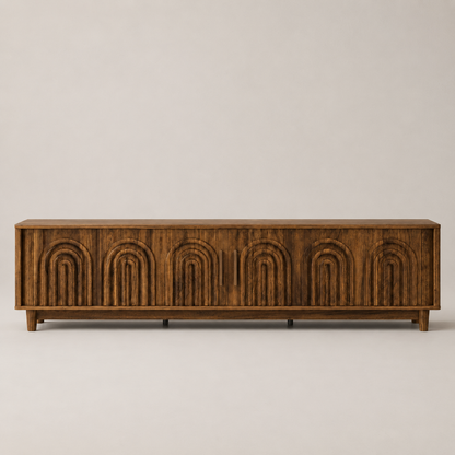 A mid-century modern wooden sideboard with a dark brown arched grain pattern on the front, shown against a neutral light gray background.