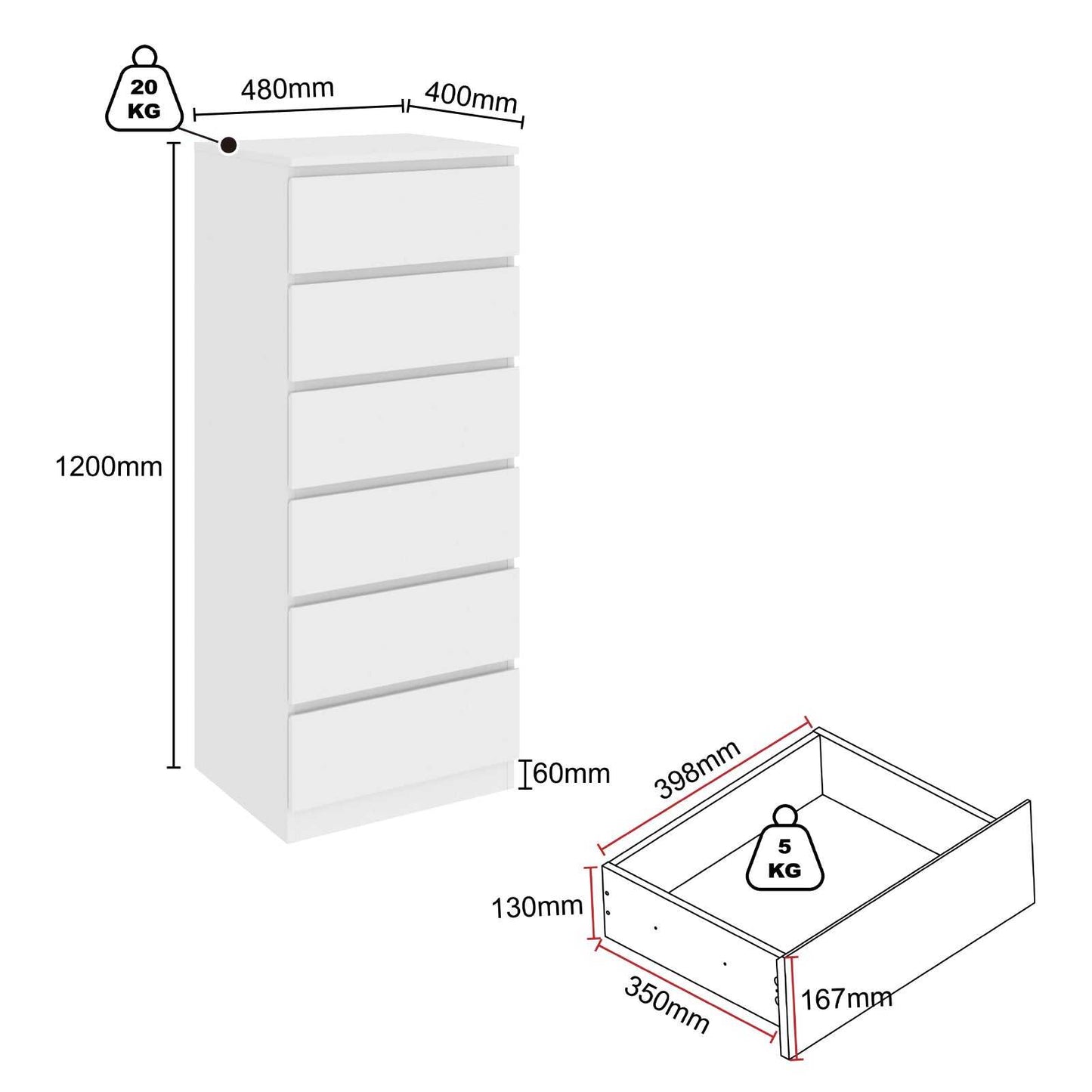 White dresser with dimensions and weight capacity indicated