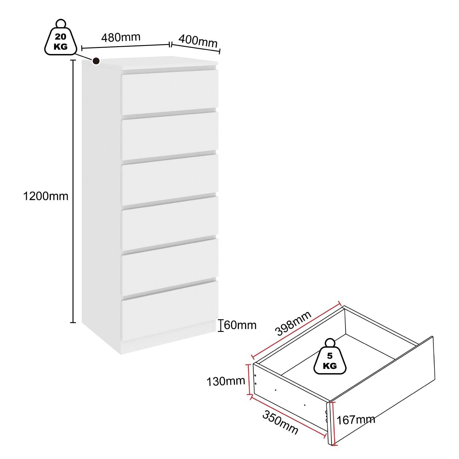 White dresser with dimensions and weight capacity indicated