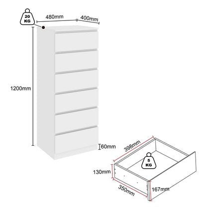 White dresser with dimensions and weight capacity indicated