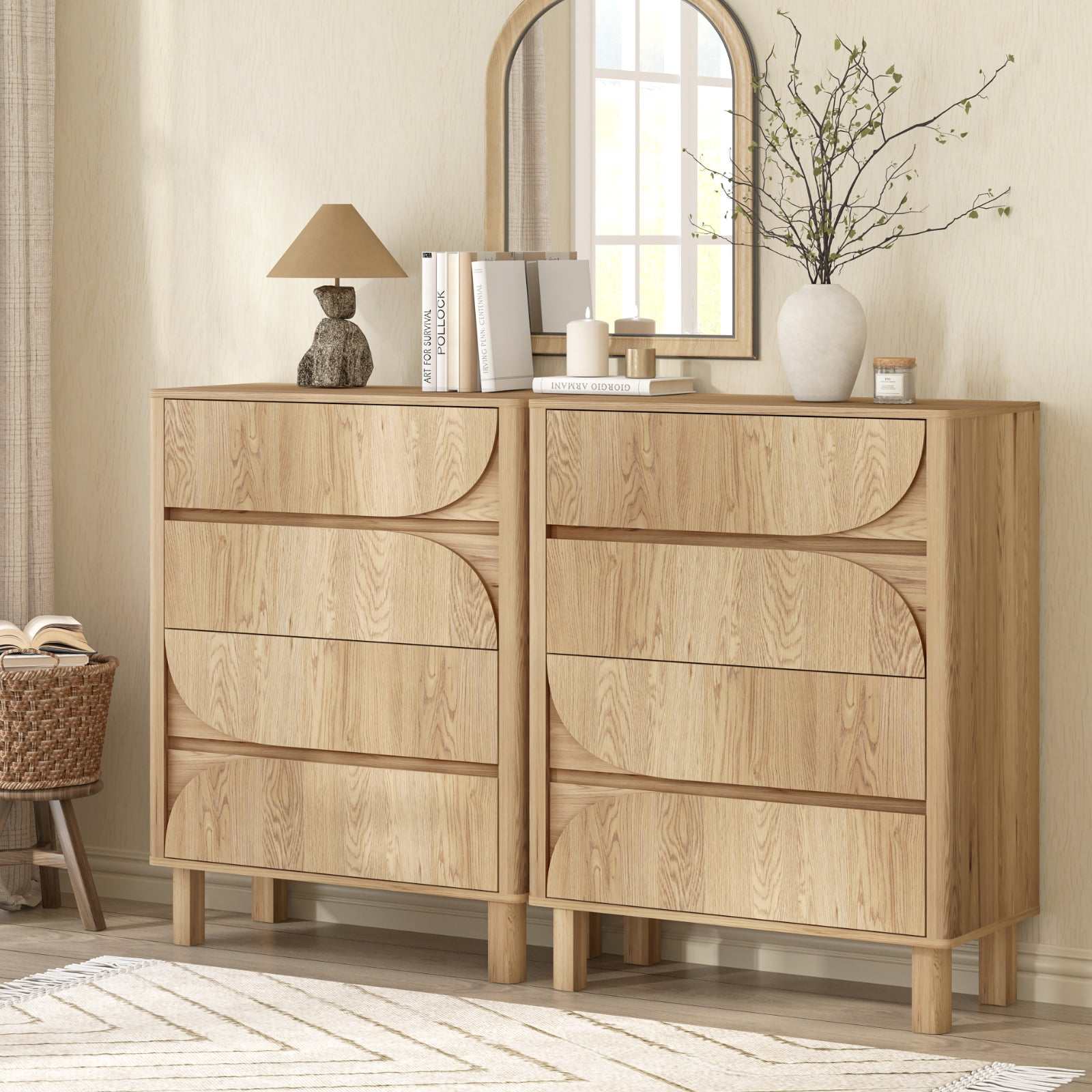 2-pack mid-century modern chest of drawers tallboys in a room with a lamp, books, vase, and mirror.