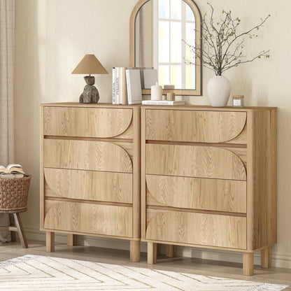 2-pack mid-century modern chest of drawers tallboys in a room with a lamp, books, vase, and mirror.