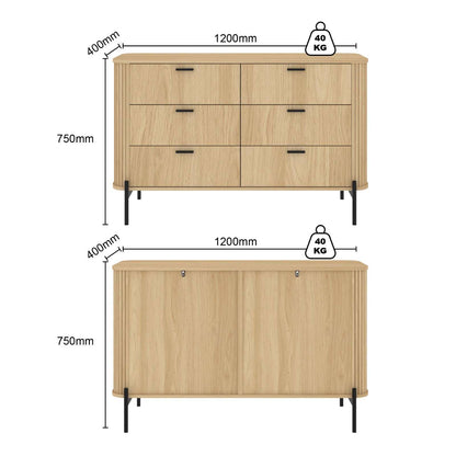 Ayla Fluted Bedroom Set – 6-Drawer Dresser & 2 Bedside Tables