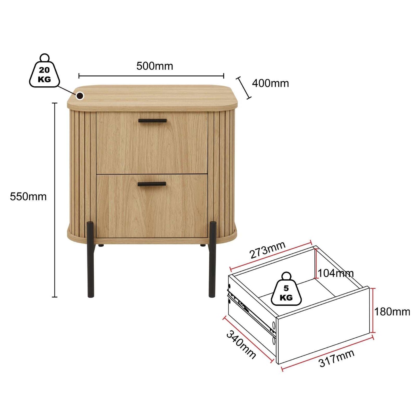 Wooden nightstand with dimensions and weight indicators on a white background