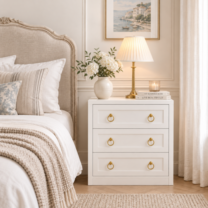 Villa Blanc 3-Drawer Bed Side Table – White with Gold Handle
