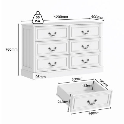 Hampton White 6 Drawer Chest of Drawers Lowboy Dresser Storage Cabinet Bedroom