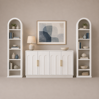 A styled interior scene showing a white sideboard cabinet centered beneath a framed abstract print, flanked by two matching white arched shelving units. The furniture is photographed in a warm neutral room with beige walls and floor, with decorative books, vases, bowls, and a table lamp on the shelves and cabinet.