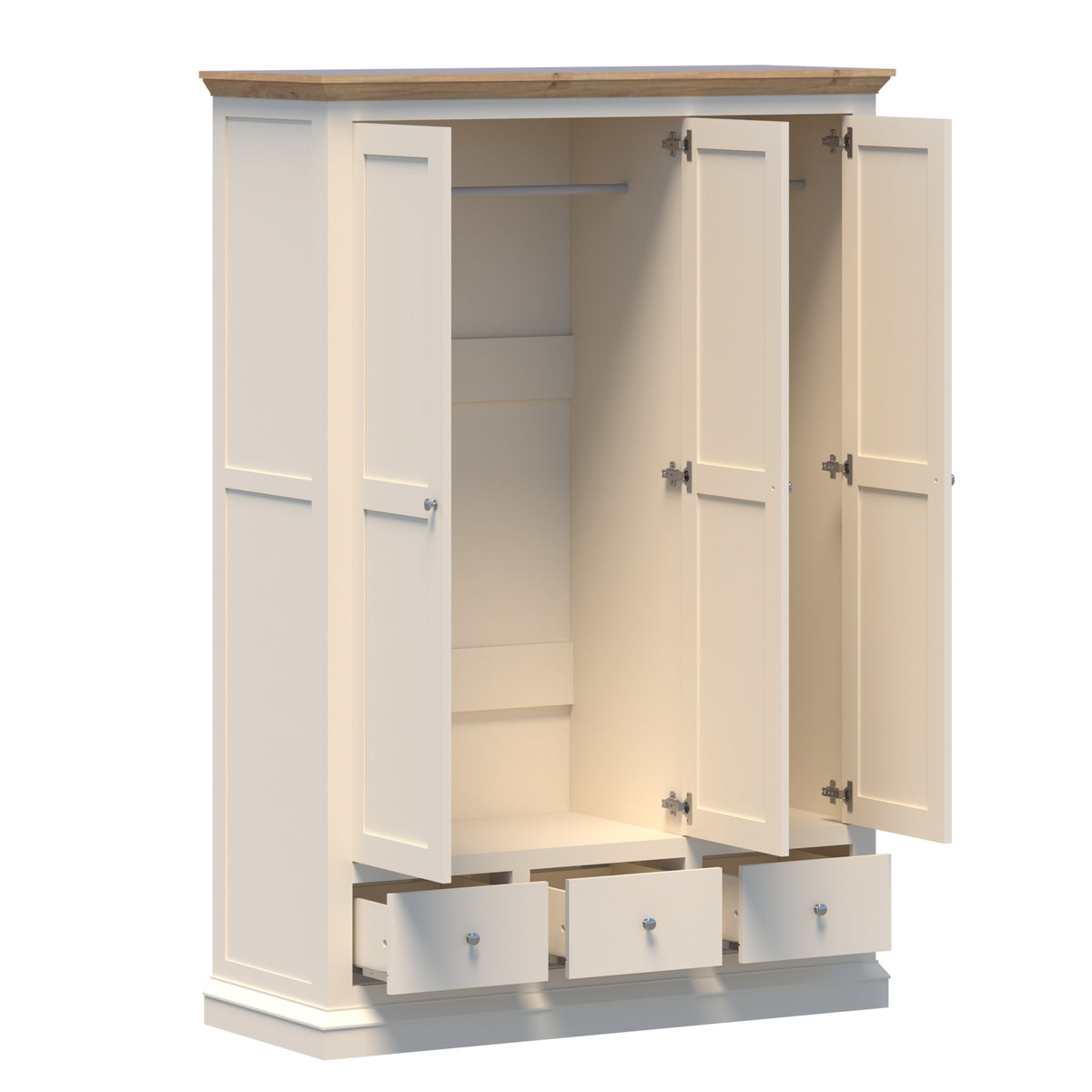 A tall white PINE TOP LAMINATED wardrobe or armoire with three doors open, showing an interior rod and shelves, with three drawers pulled out at the bottom. The top has a light natural wood finish, and the hardware is silver.