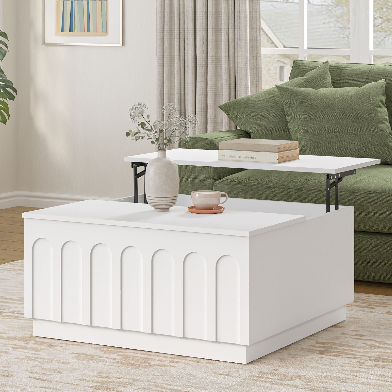 Opera White Lift Top Coffee Table with Large Hidden Compartment for Living Room