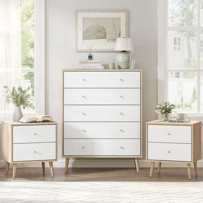 Scandinavian-style Adriana 5 drawers chest of drawers dresser with 2 bedside tables in oak-effect finish.