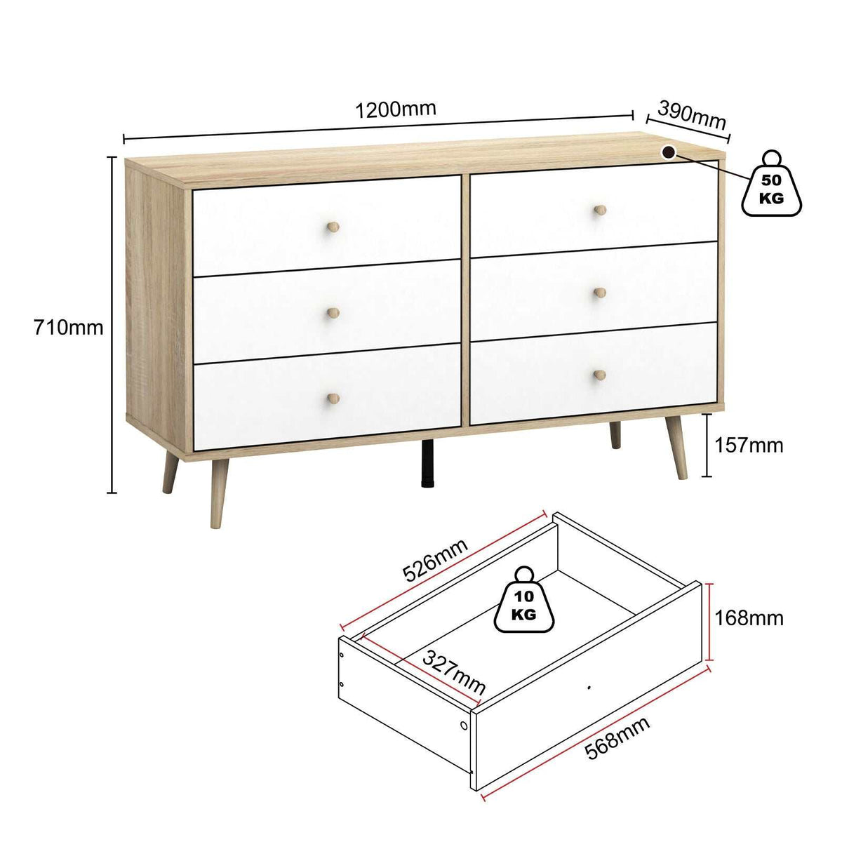 Adriana Bedroom Set with 6-Drawer Dresser & 2 Bedside Tables