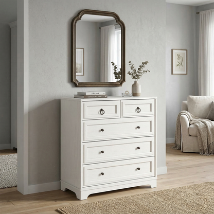 White dresser with multiple drawers in a room with a mirror and a sofa.