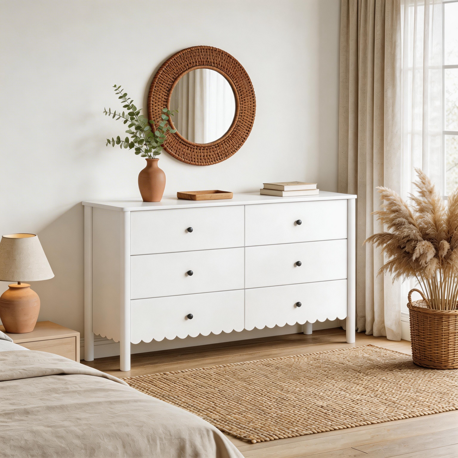 Harla 6-Drawer Dresser in White with Elegant Scalloped Detailing