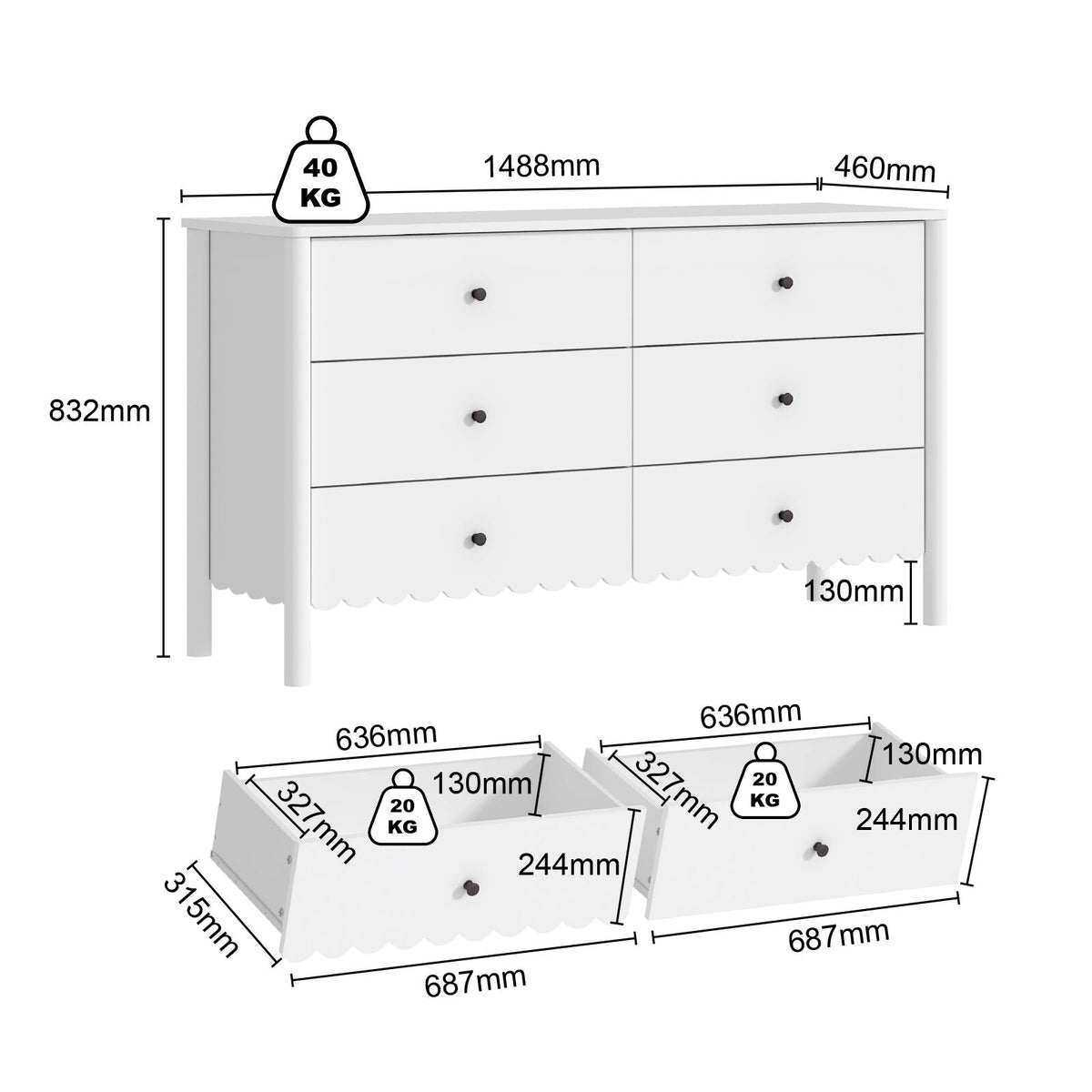 Harla 6-Drawer Dresser in White with Elegant Scalloped Detailing