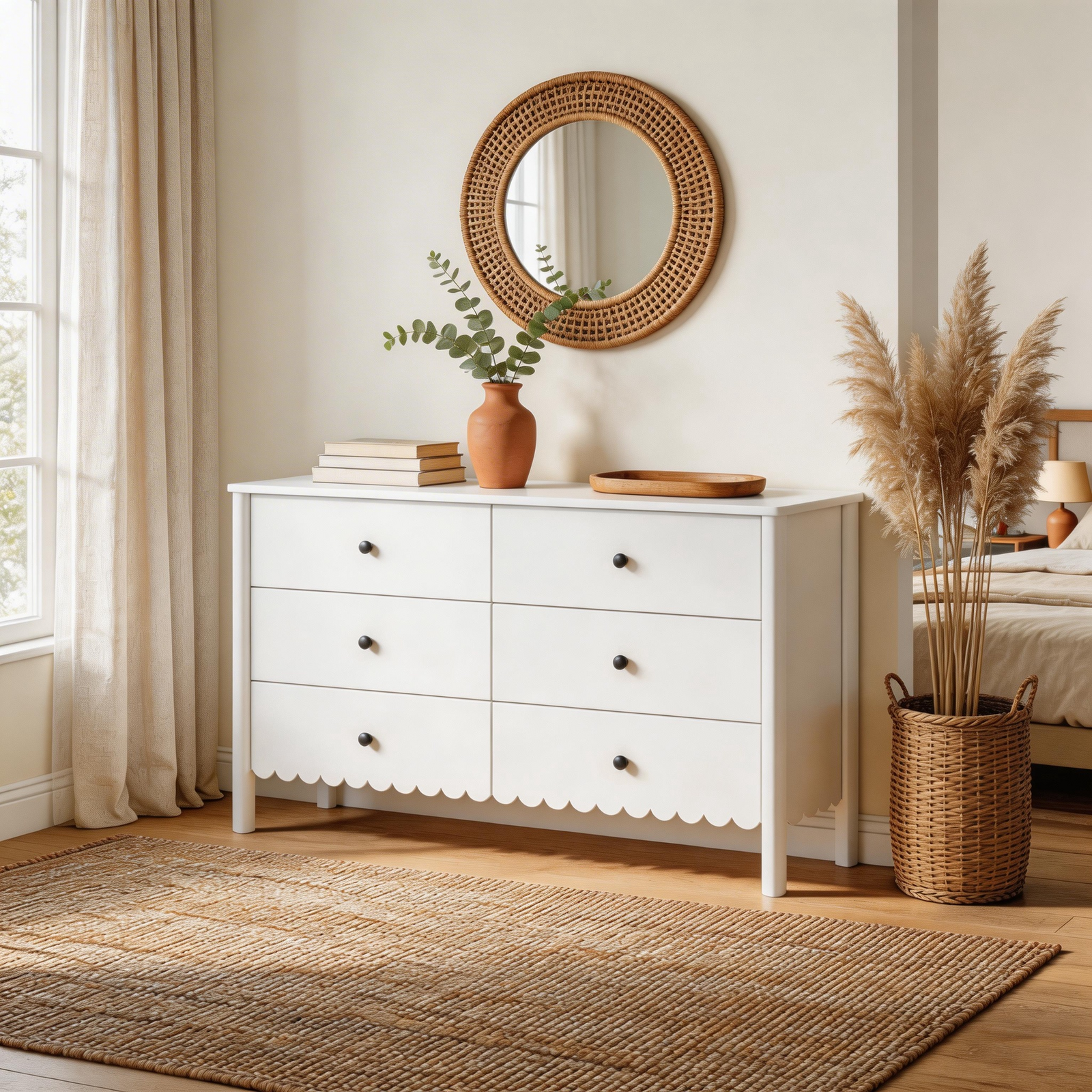 Harla 6-Drawer Dresser in White with Elegant Scalloped Detailing