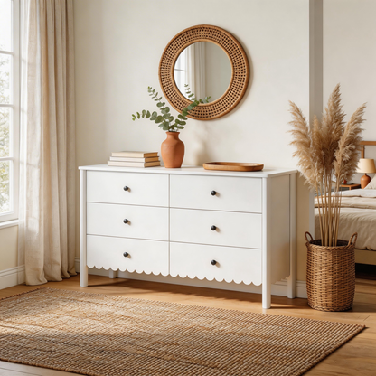 White dresser with decorative items in a bedroom setting