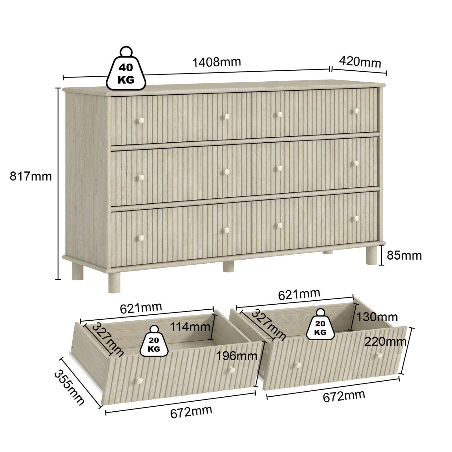 Coastal 6-Drawer Chest – Light Ash with Fluted Detailing