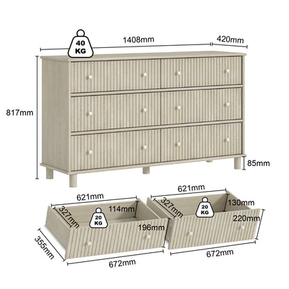 Coastal 6-Drawer Chest – Light Ash with Fluted Detailing