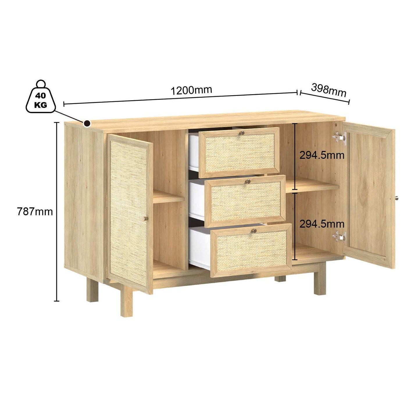 Nara Rattan Sideboard – 2 Doors, 3 Drawers