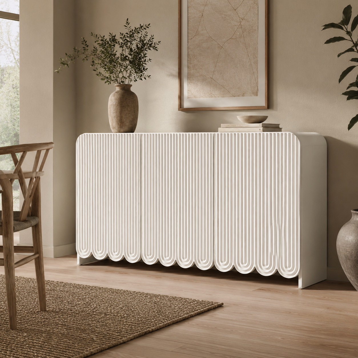 White sideboard with decorative items in a room with wooden floor and window.