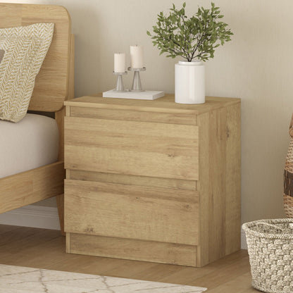 Light oak handleless bedside table with two drawers, modern minimalist design, fits various bedroom styles.