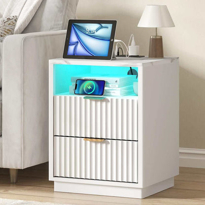 White RGB LED bedside table with USB charging, featuring two drawers, open top compartment, and white artificial marble finish.