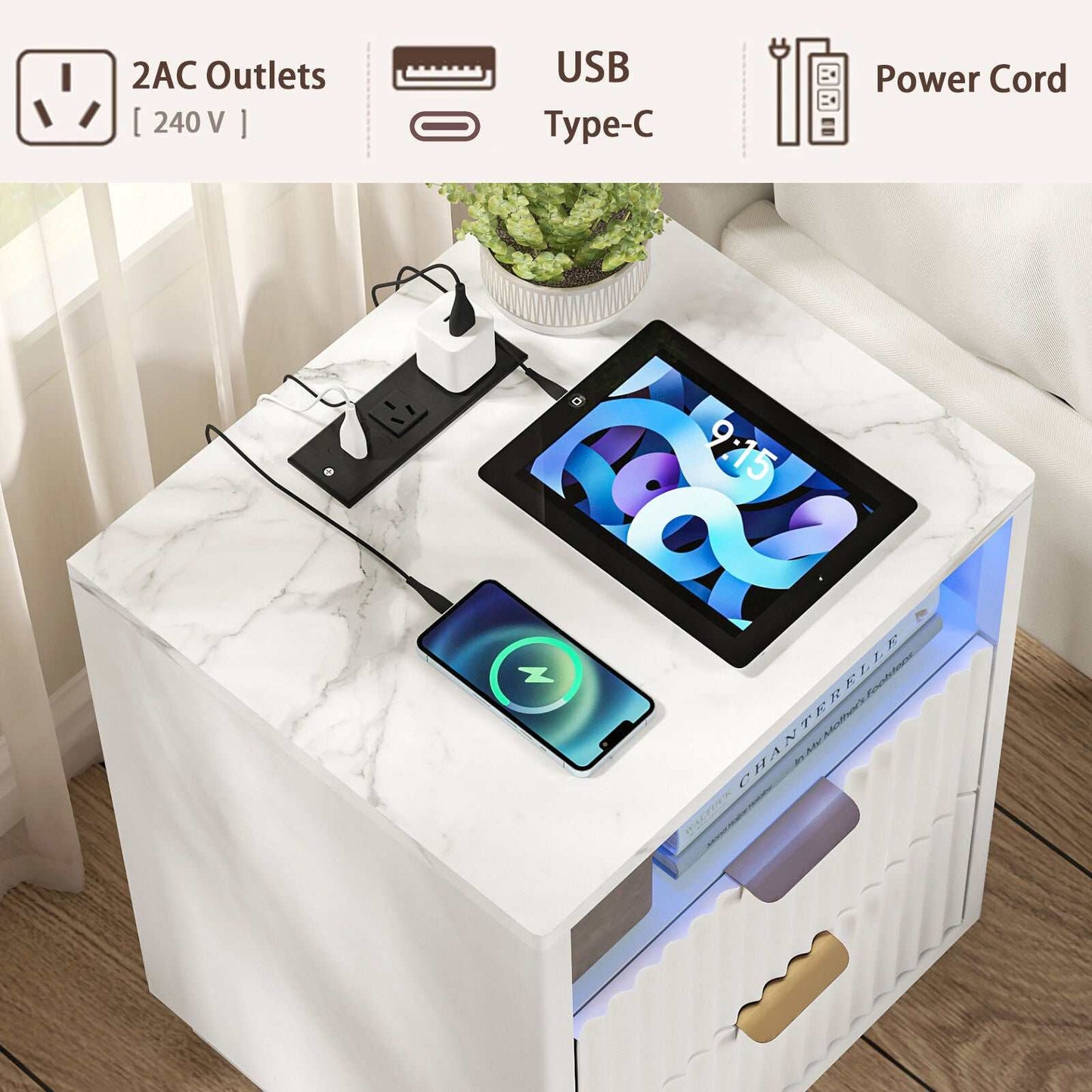 Arlo White RGB LED Bedside Table with USB Charging Station – Contemporary and Functional