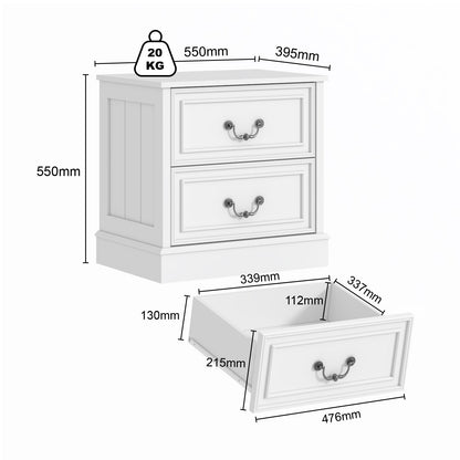 Hampton Bedside Table with 2 Drawers For Bedroom Living Room Storage