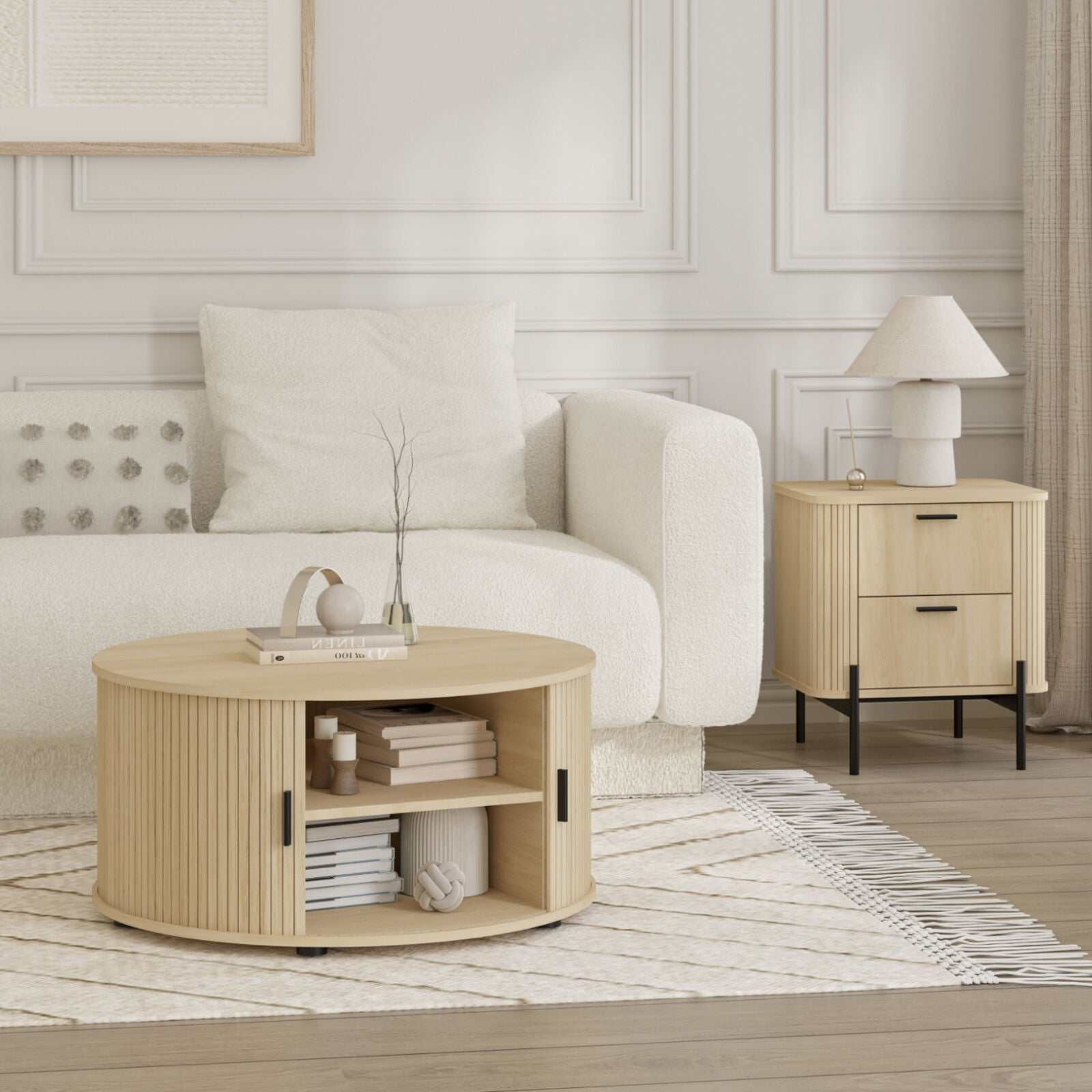 Ayla Living Room Set – Round Fluted Coffee Table (80cm) with Sliding Tambour Door + Matching Fluted End Table