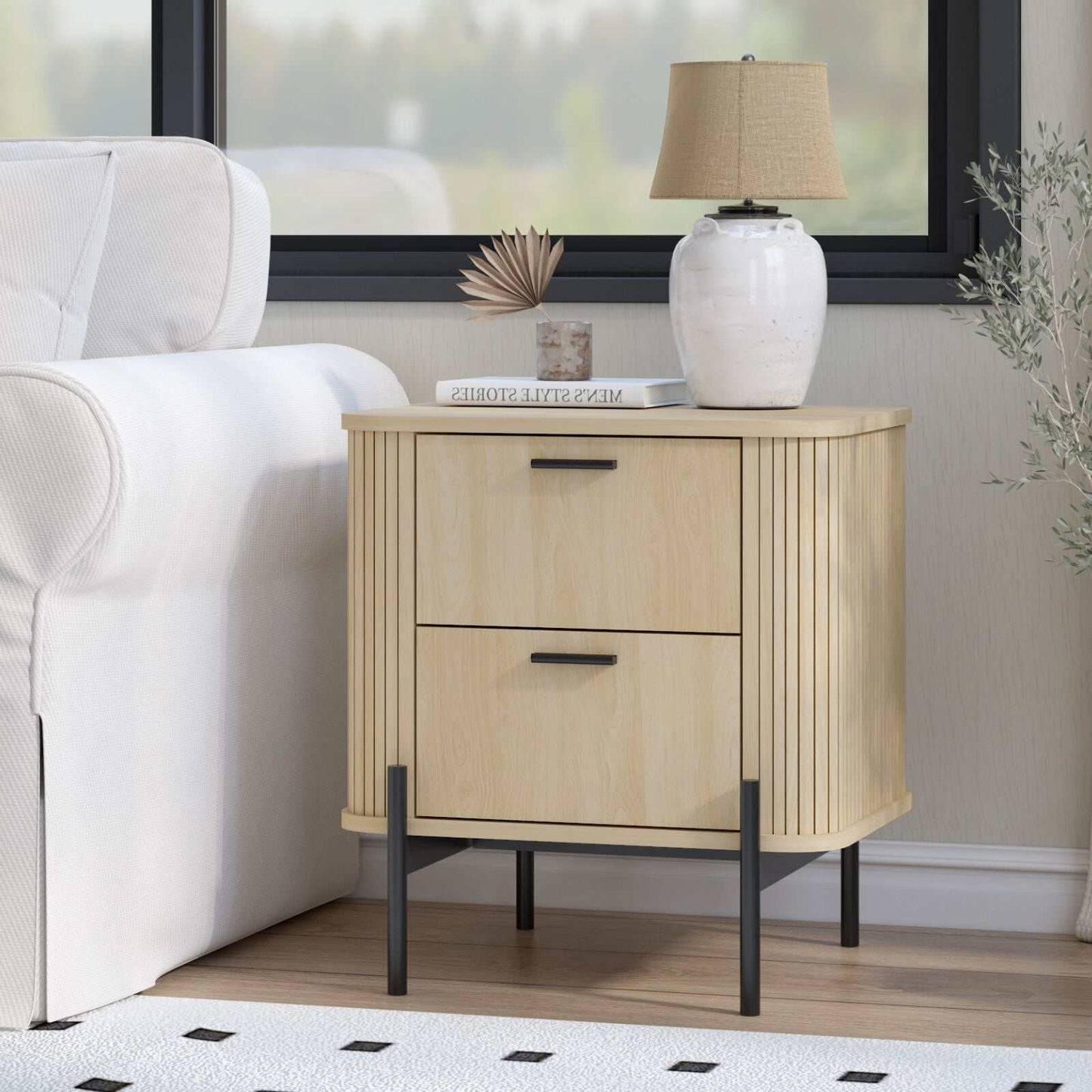 Ayla Living Room Set – Round Fluted Coffee Table (80cm) with Sliding Tambour Door + Matching Fluted End Table