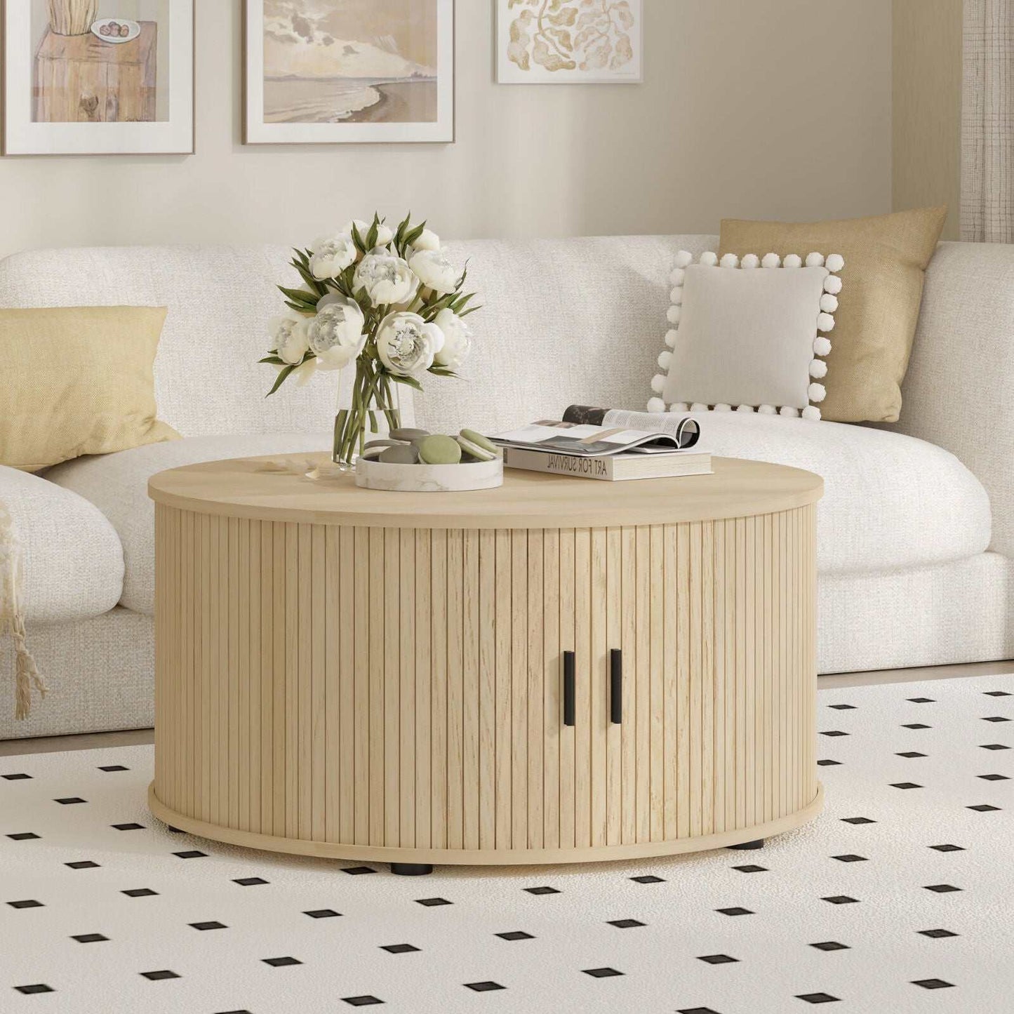 Ayla Living Room Set – Round Fluted Coffee Table (80cm) with Sliding Tambour Door + Matching Fluted End Table