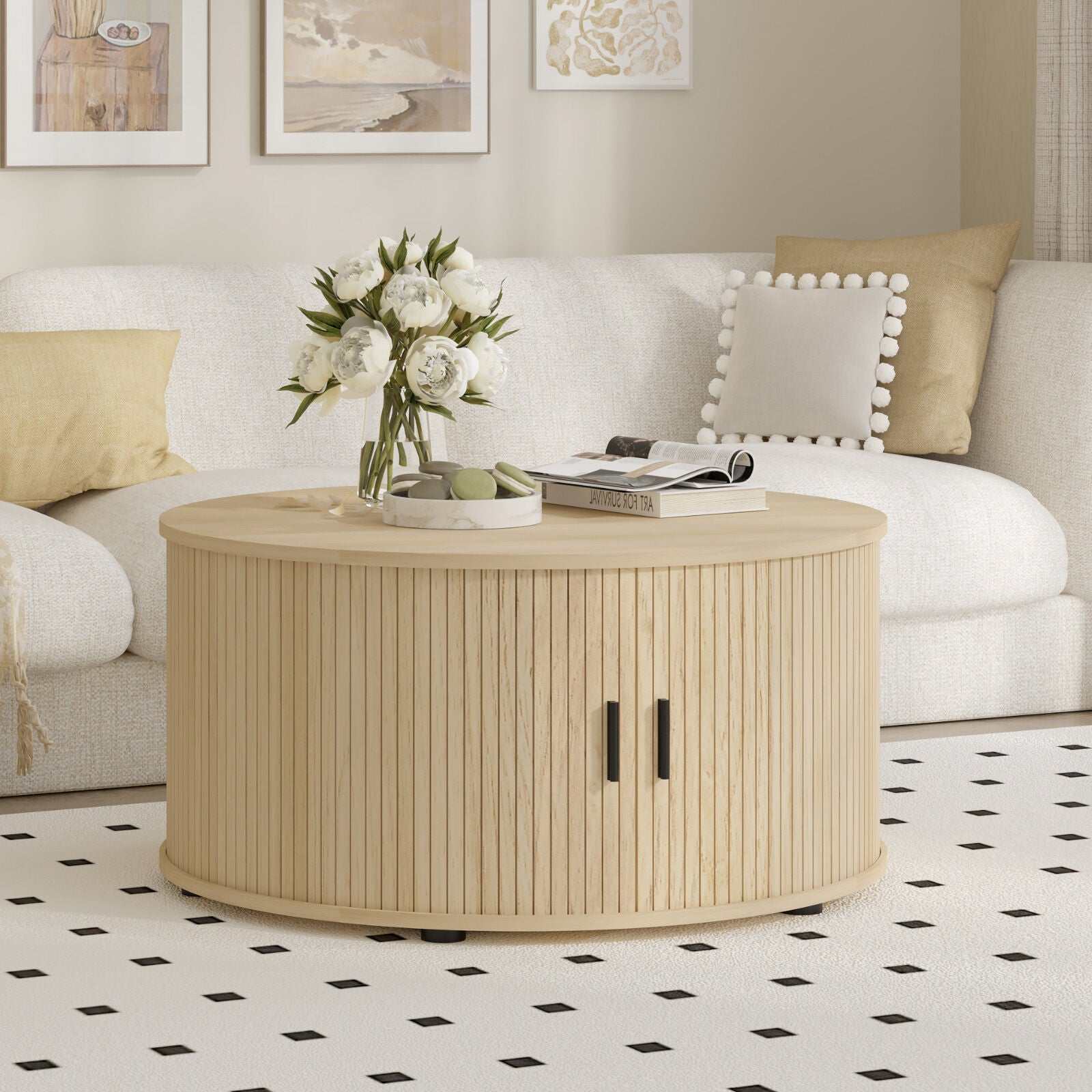 Ayla Living Room Set – Round Fluted Coffee Table (80cm) with Sliding Tambour Door + Matching Fluted End Table