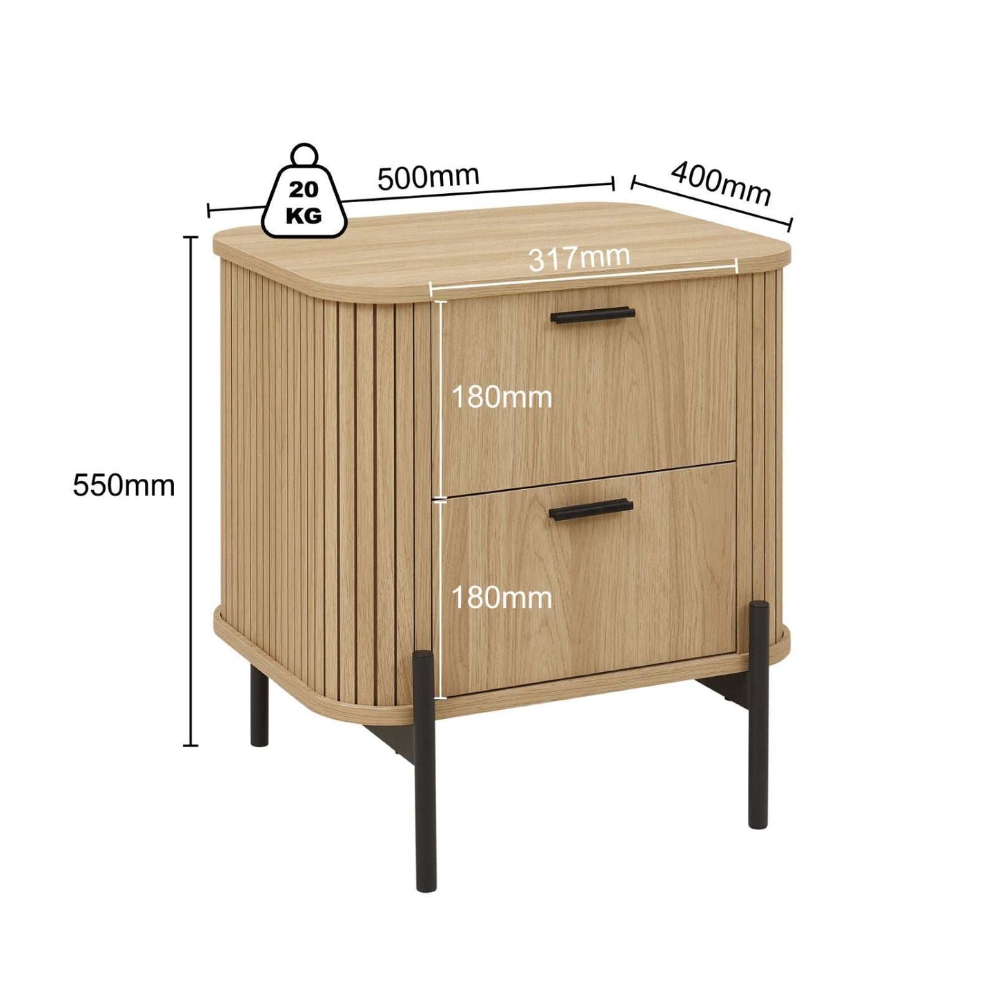 Ayla Bedside Table – Fluted 2-Drawer Dresser