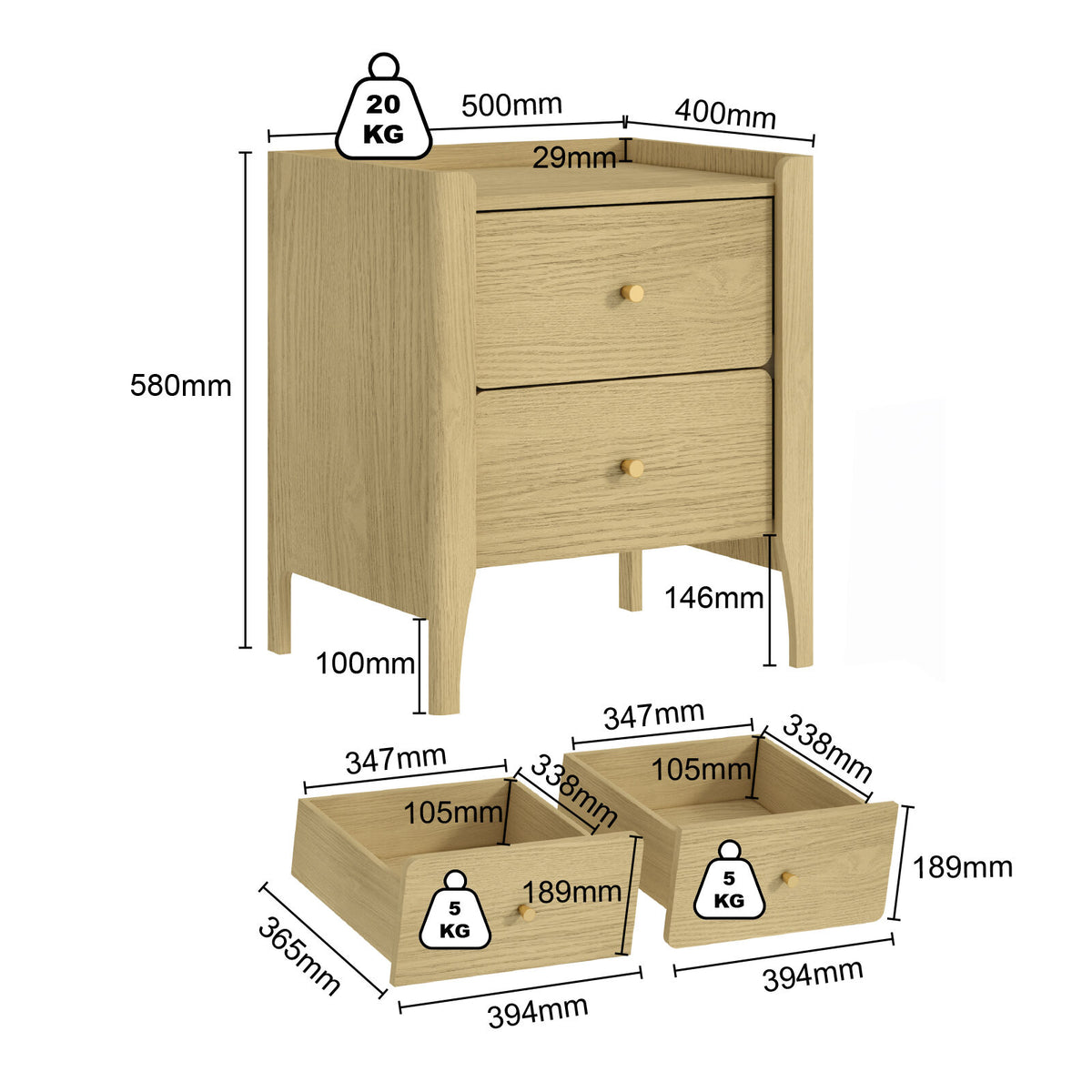 Sundrift 2-Drawer Bedside Table