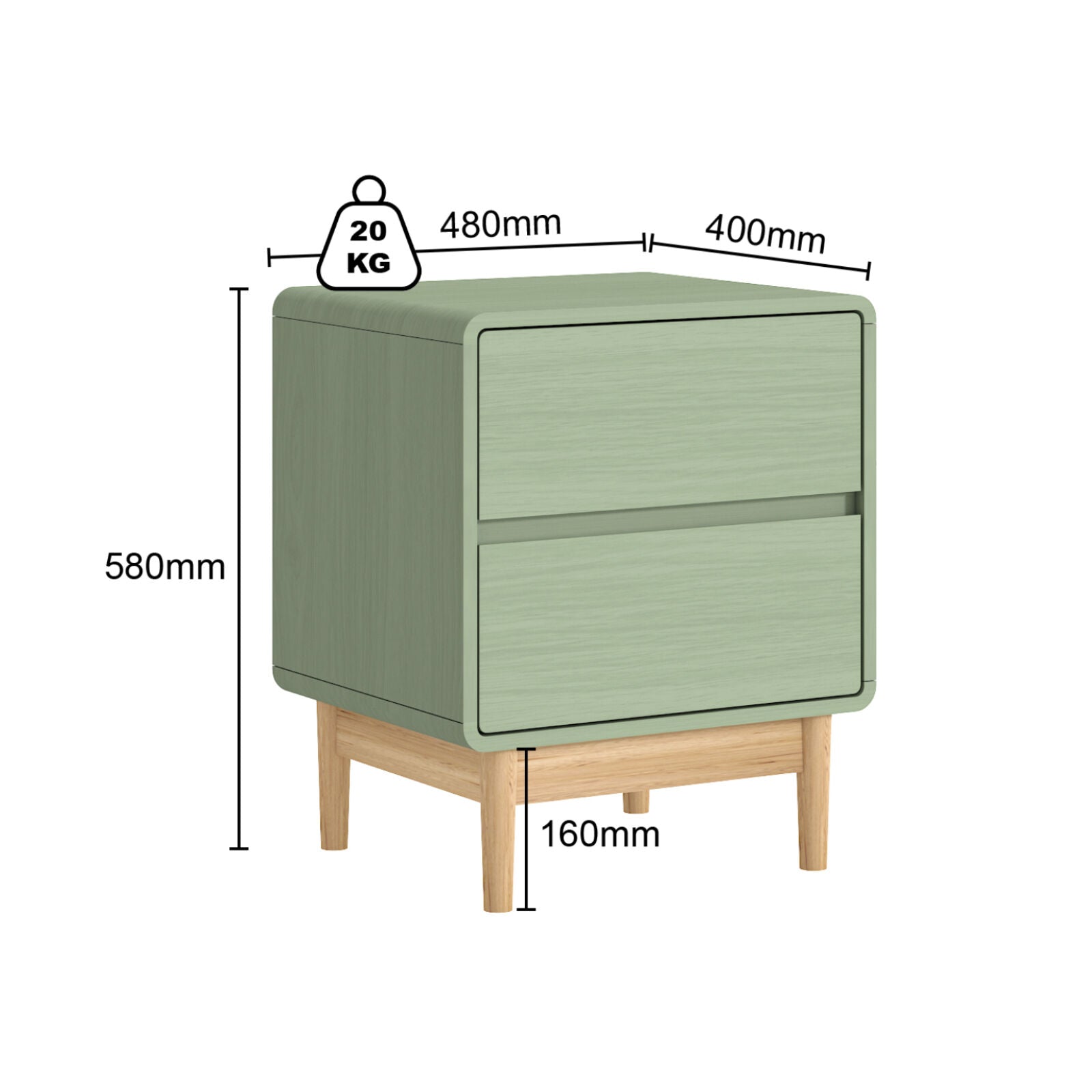 Blossom Green 2 Drawer Bedside Table