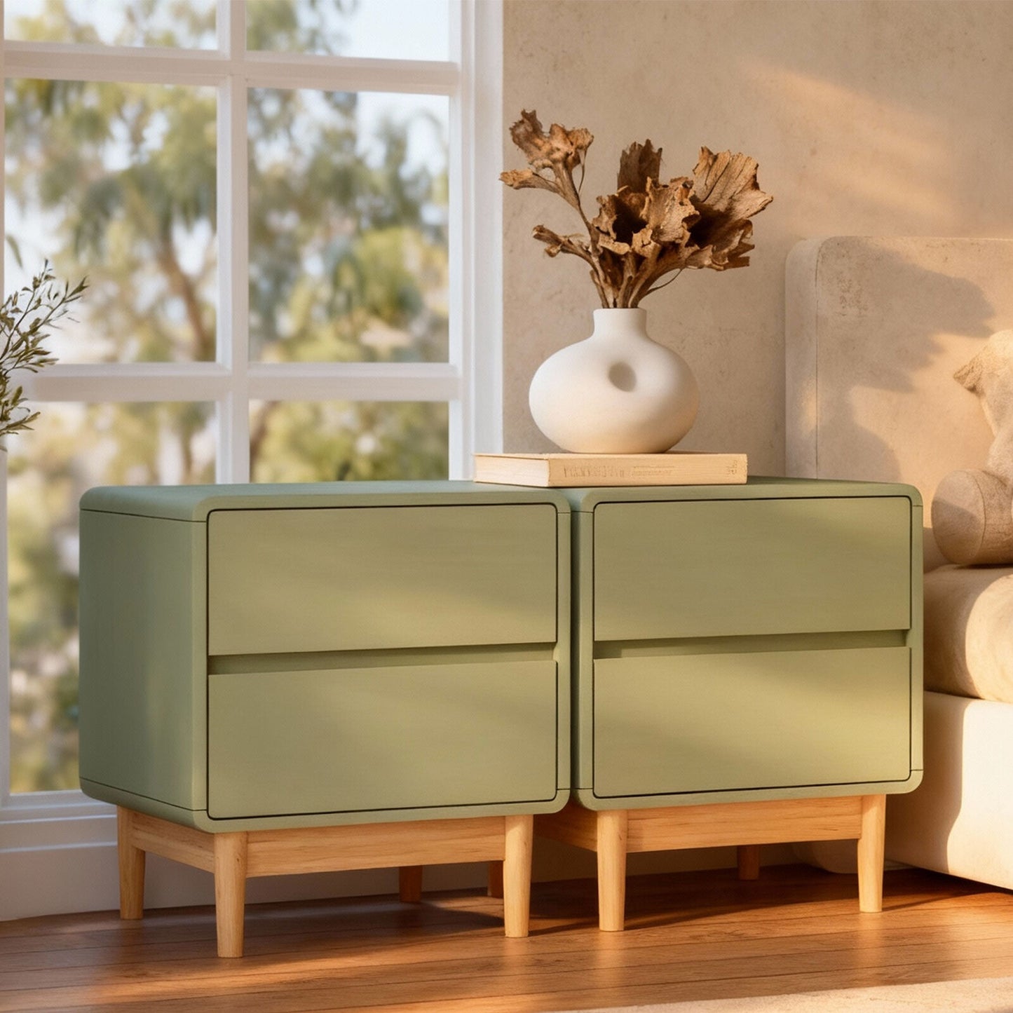 Green sideboard with wooden legs in a room with a window and decorative vase.