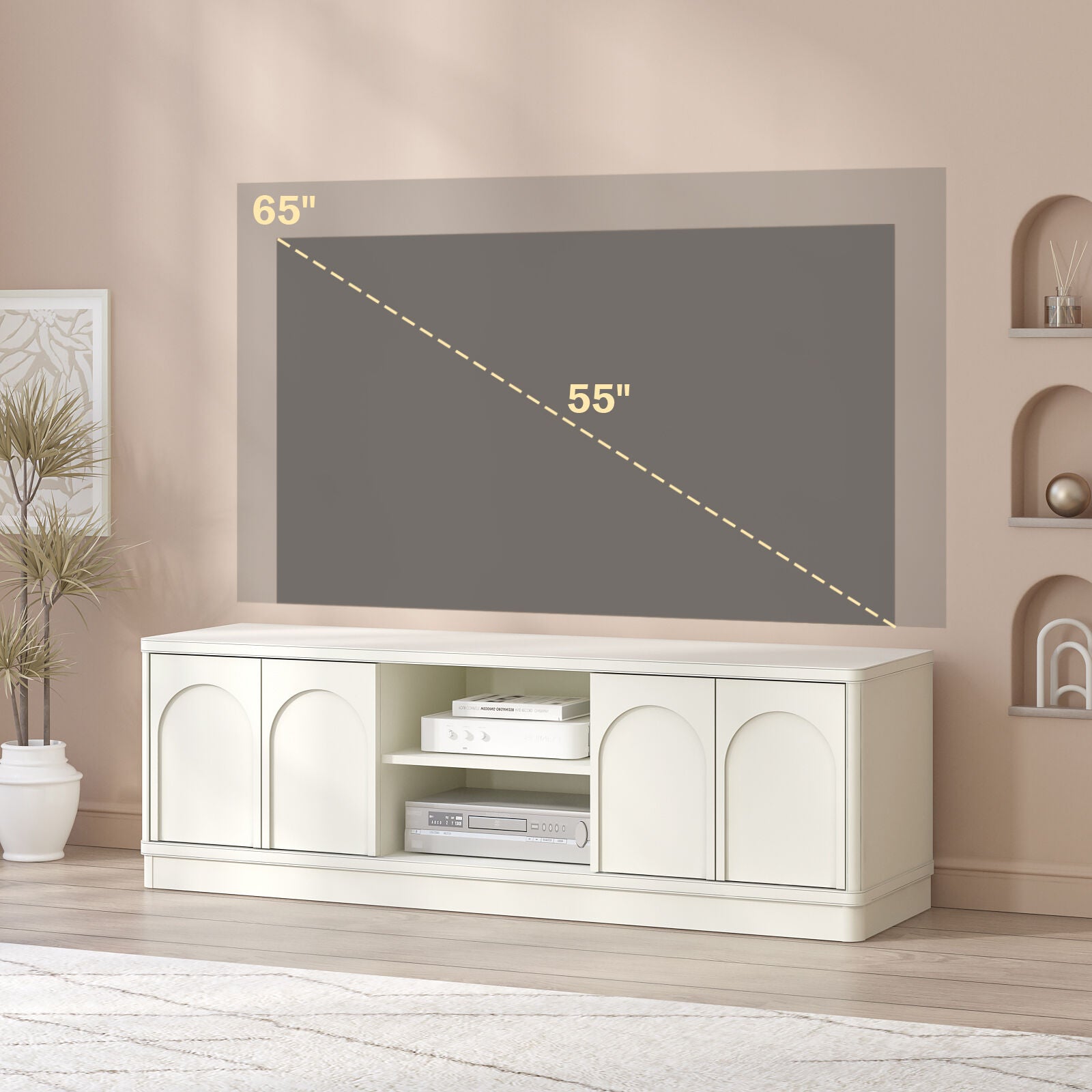Soren Arched 140cm TV Entertainment Unit - Elegant White Cabinet with Adjustable Storage