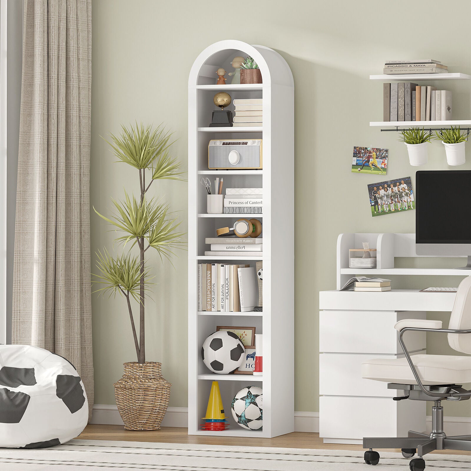 Opera Luxe Living Room Storage Bundle - 2 Opera Slim White Arch Cabinet + 4 Door Buffet Sideboard